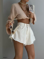 Fringed White Denim Shorts