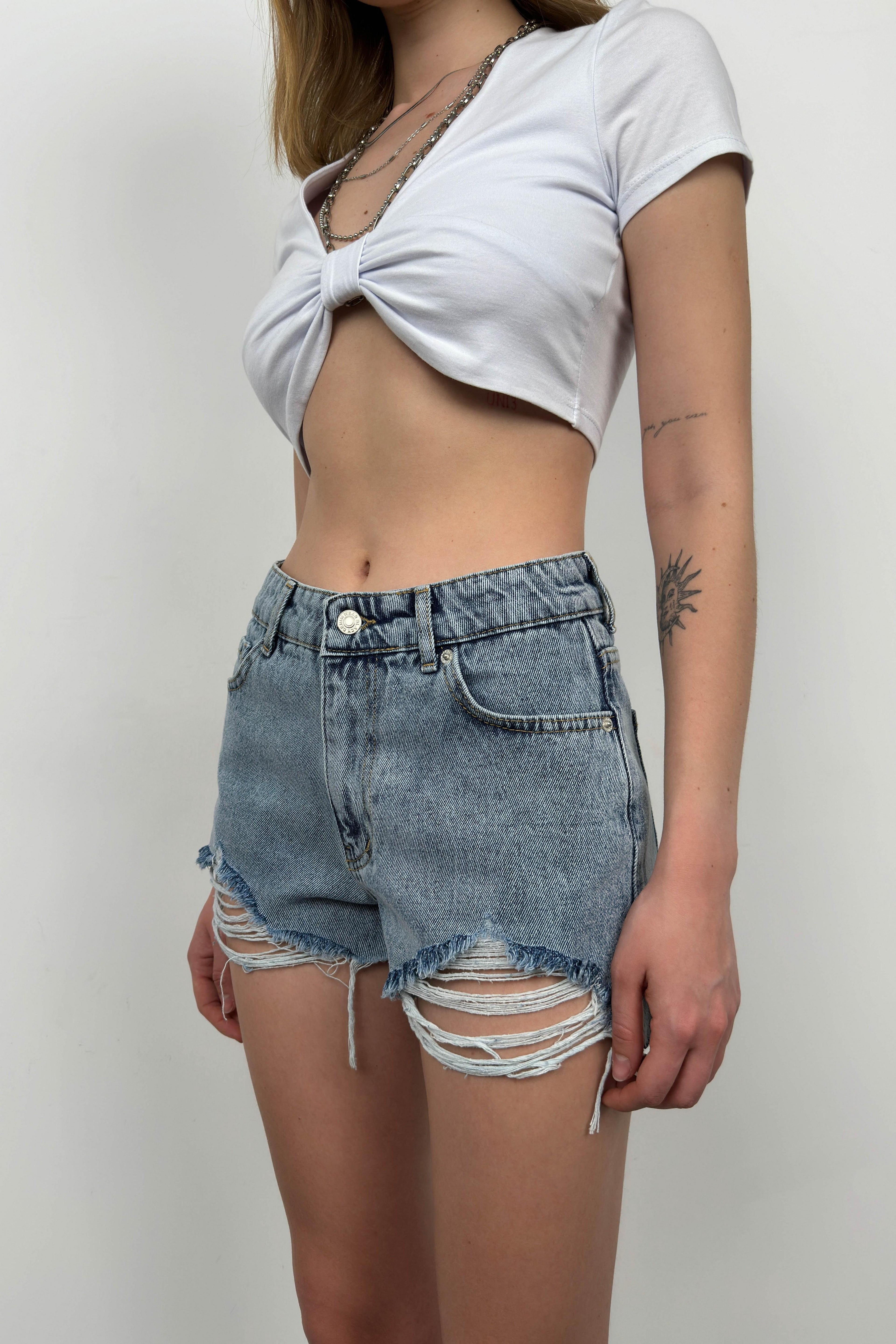 Fringed Blue Denim Shorts