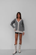 Fuzzy Contrasting Color Light Gray Knit Cardigan
