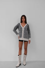 Fuzzy Contrasting Color Light Gray Knit Cardigan