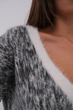 Fuzzy Contrasting Color Light Gray Knit Cardigan