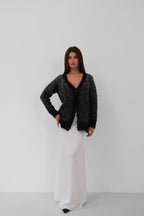 Fringed Contrast Color Dark Gray Knit Cardigan