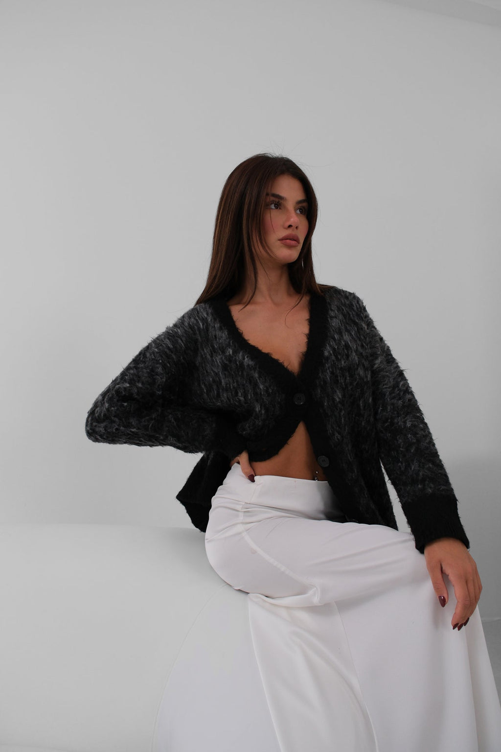 Fringed Contrast Color Dark Gray Knit Cardigan