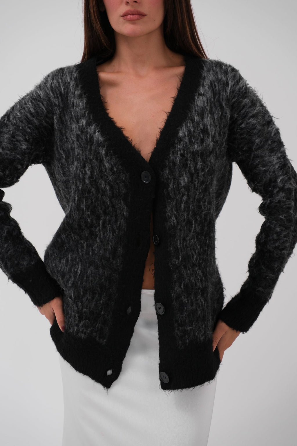 Fringed Contrast Color Dark Gray Knit Cardigan