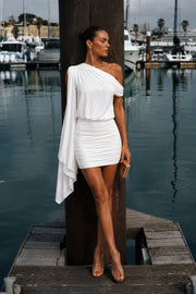 Shawl Detail Off-Shoulder Ruched White Mini Dress