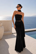Shawl Detail Strapless Blouse Waist-Ruched Maxi Skirt Three-Piece Black Set
