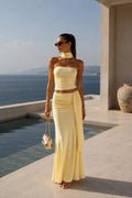 Shawl Detail Strapless Blouse Waist-Ruched Maxi Skirt Three-Piece Yellow Set