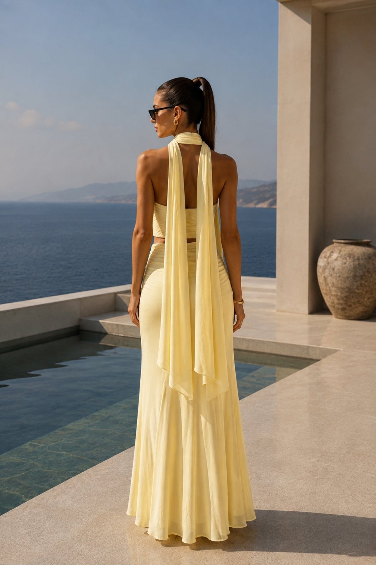 Shawl Detail Strapless Blouse Waist-Ruched Maxi Skirt Three-Piece Yellow Set