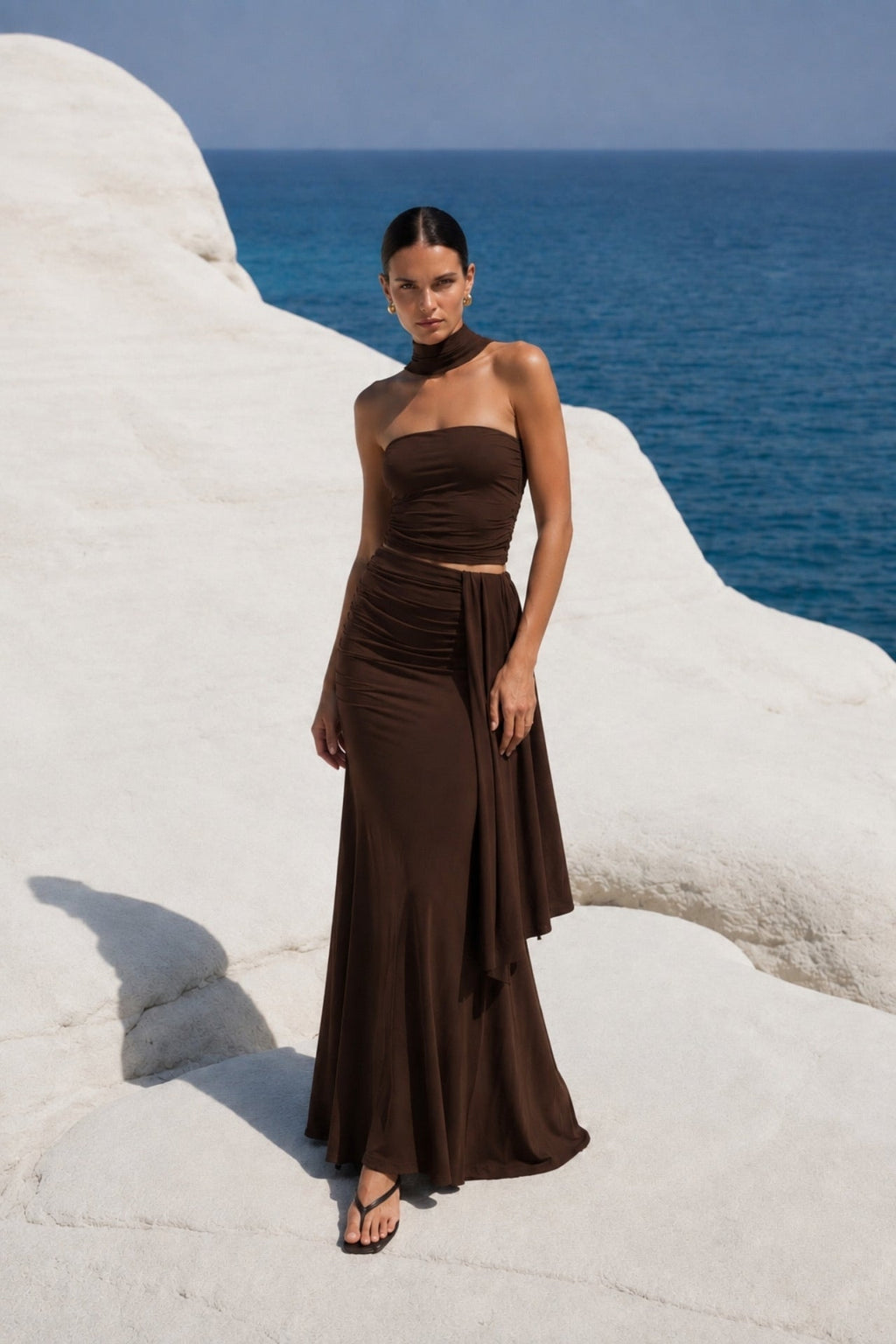 Shawl Detail Strapless Blouse Waist-Ruched Maxi Skirt Three-Piece Brown Set
