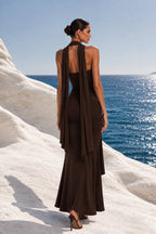 Shawl Detail Strapless Blouse Waist-Ruched Maxi Skirt Three-Piece Brown Set