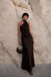 Shawl Detail One-Shoulder Brown Maxi Dress
