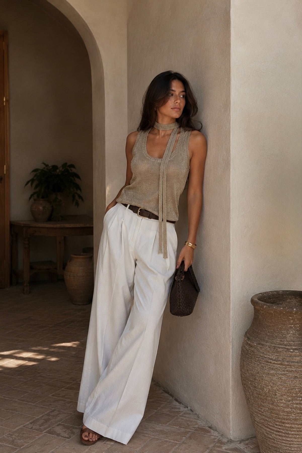 Shawl Detail Gold Foil Sleeveless Knit Blouse
