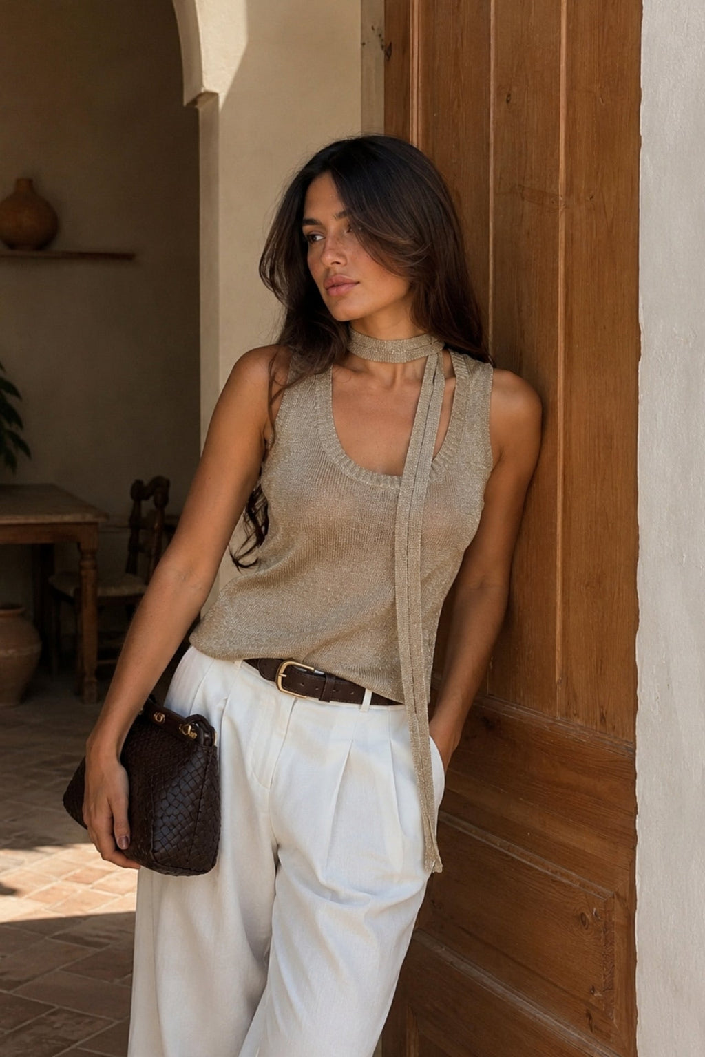 Shawl Detail Gold Foil Sleeveless Knit Blouse