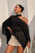 Shawl Detail Studded Black Cape Blouse