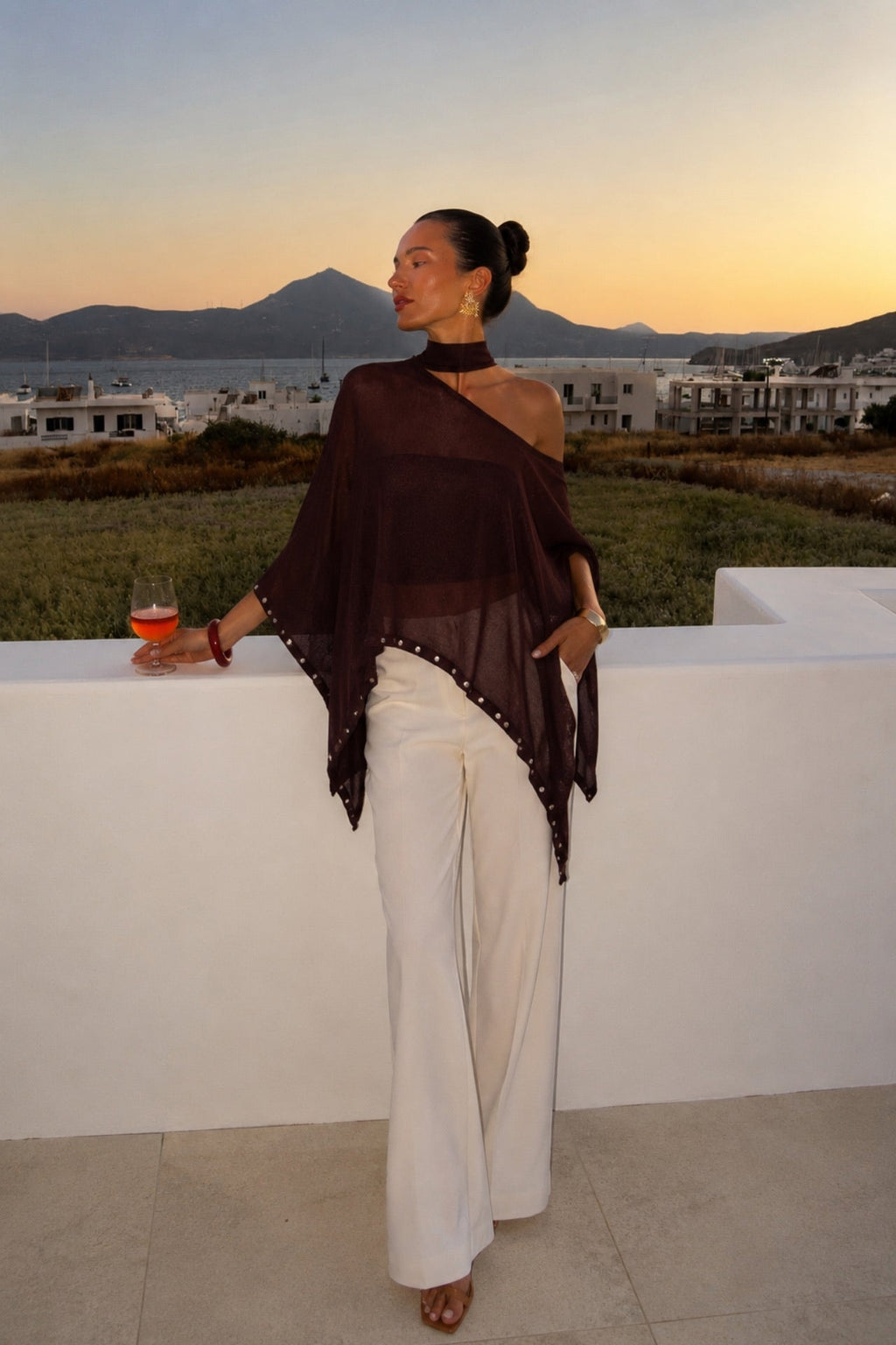 Shawl Detail Studded Brown Cape Blouse