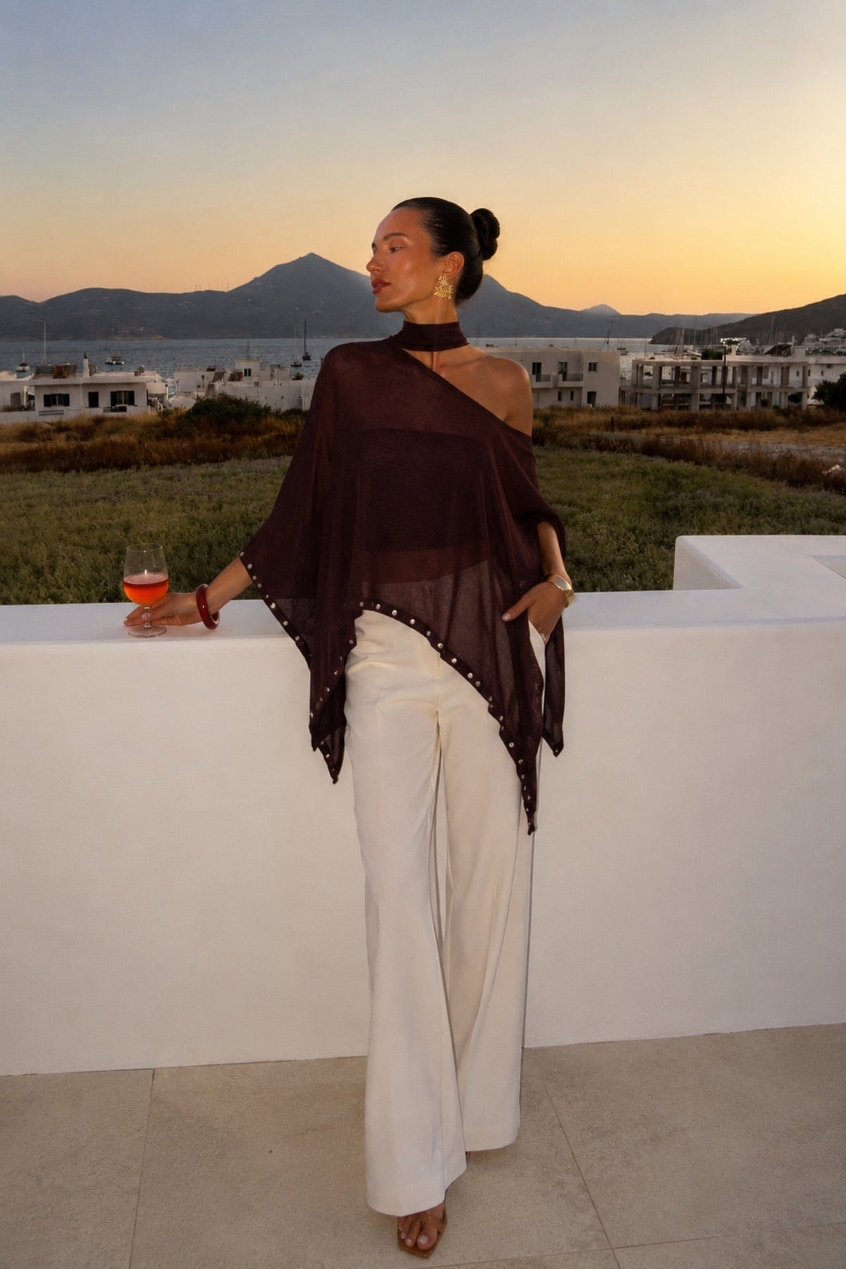 Shawl Detail Studded Brown Cape Blouse