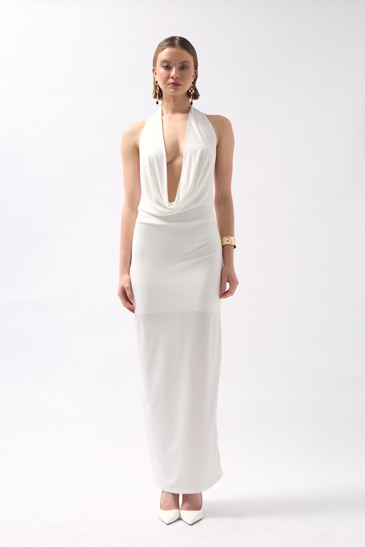 Shawl Collar Cutout Maxi White Dress