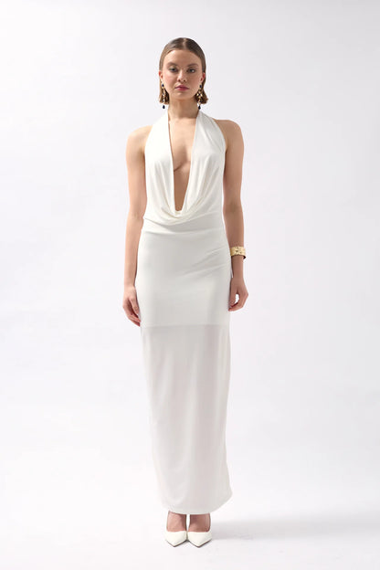 Draped Neckline Deep Cut Maxi Dress