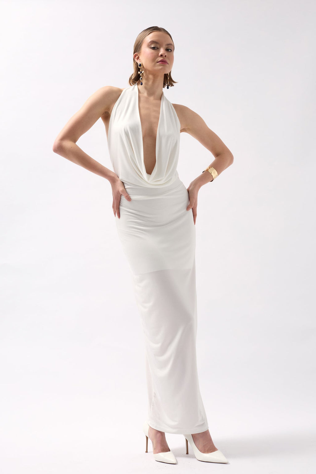 Shawl Collar Cutout Maxi White Dress