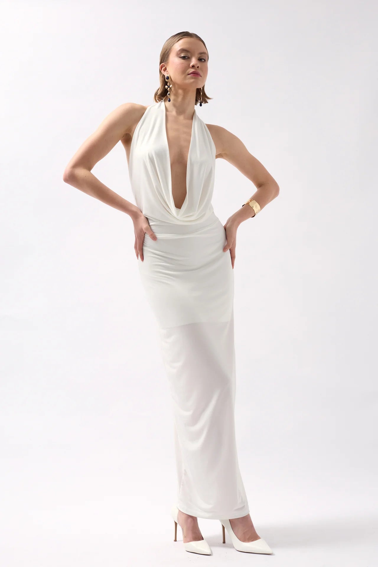 Draped Neckline Deep Cut Maxi Dress