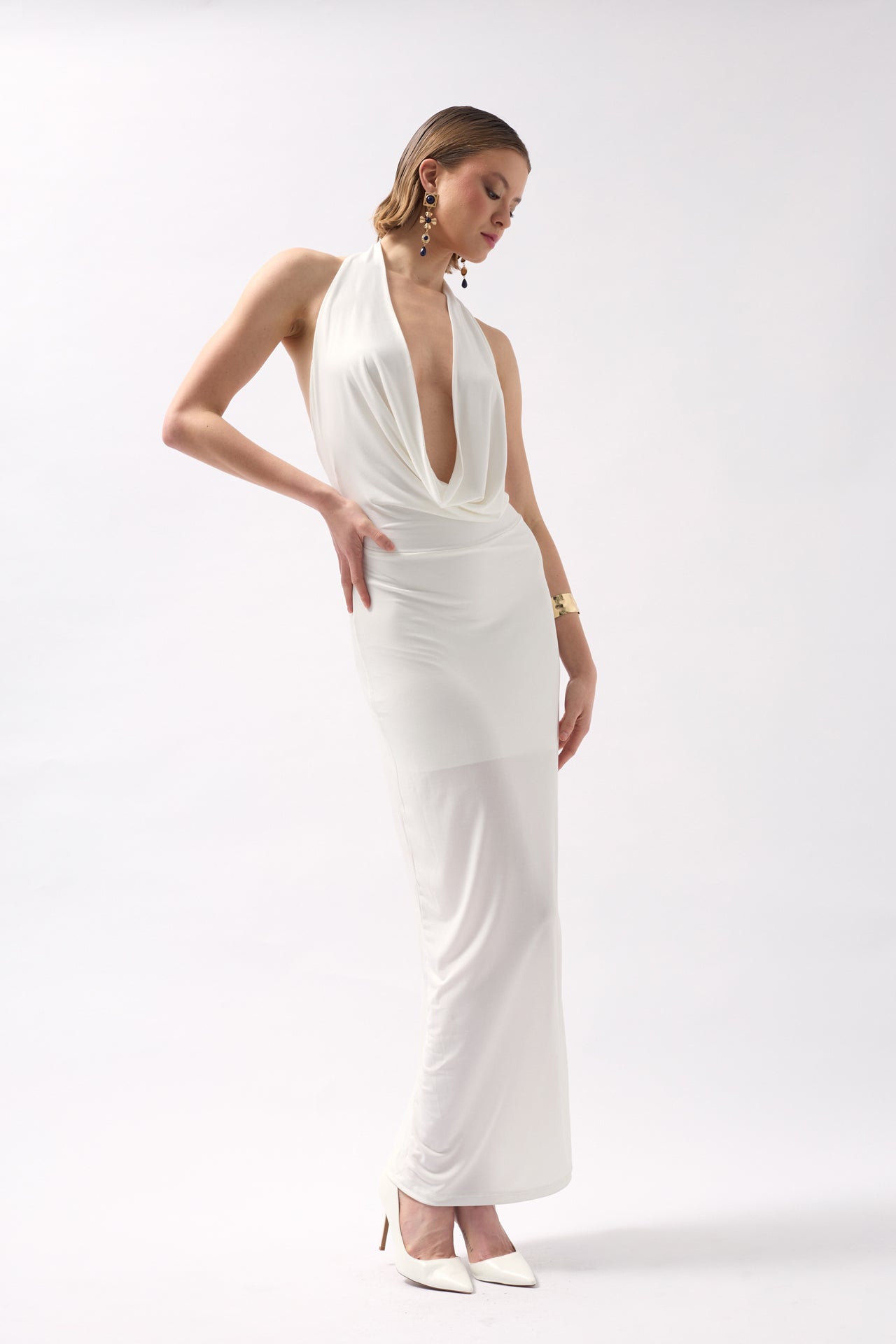 Shawl Collar Cutout Maxi White Dress