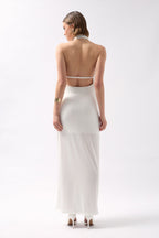 Shawl Collar Cutout Maxi White Dress