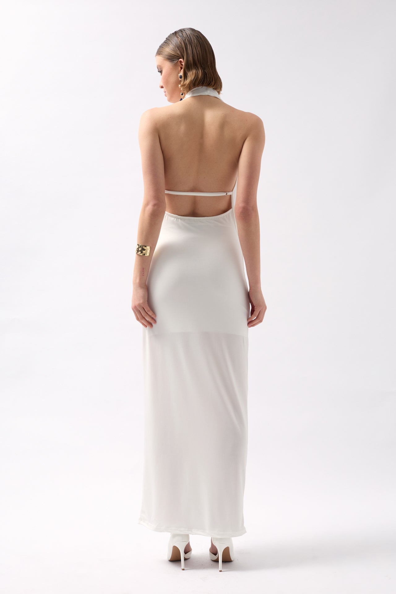 Shawl Collar Cutout Maxi White Dress
