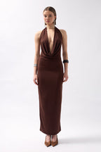 Shawl Collar Cutout Maxi Brown Dress