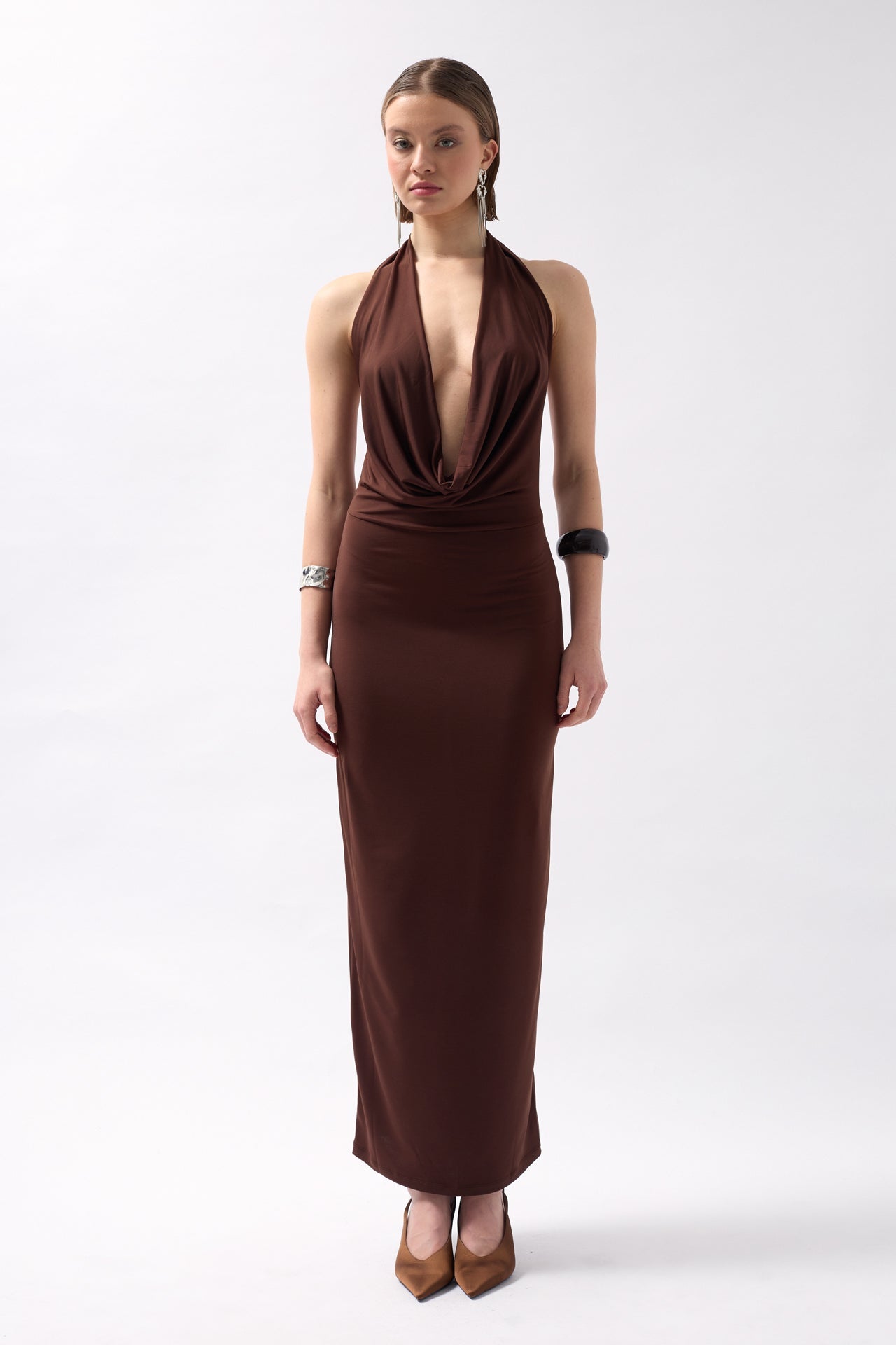 Shawl Collar Cutout Maxi Brown Dress