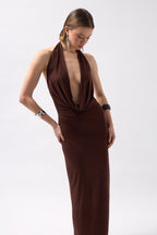 Shawl Collar Cutout Maxi Brown Dress