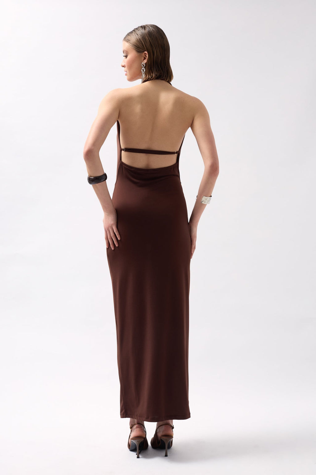 Shawl Collar Cutout Maxi Brown Dress