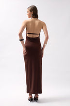 Shawl Collar Cutout Maxi Brown Dress