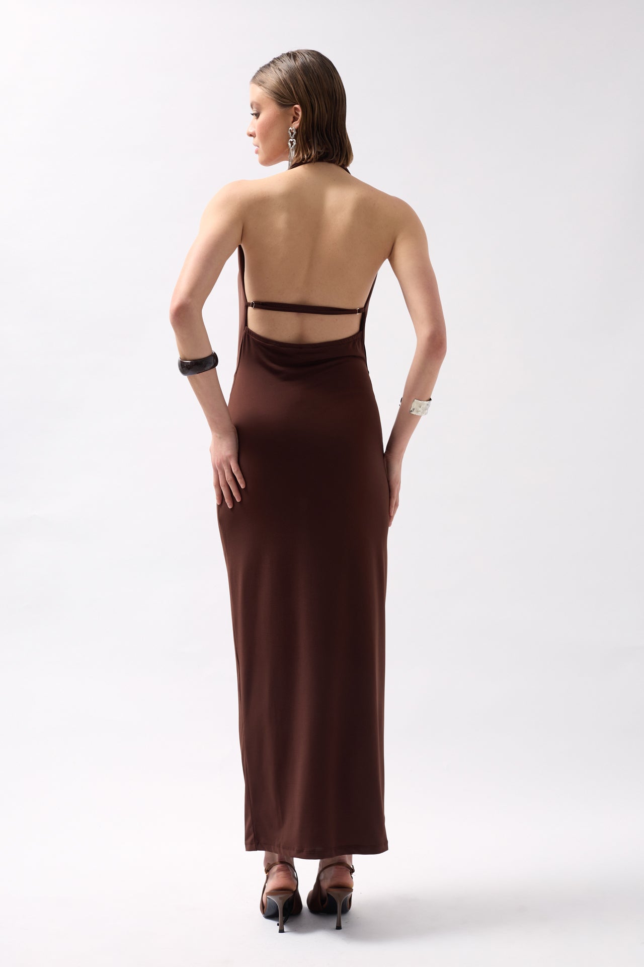 Shawl Collar Cutout Maxi Brown Dress