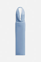 Shawl Collar Low-Cut Maxi Blue Dress