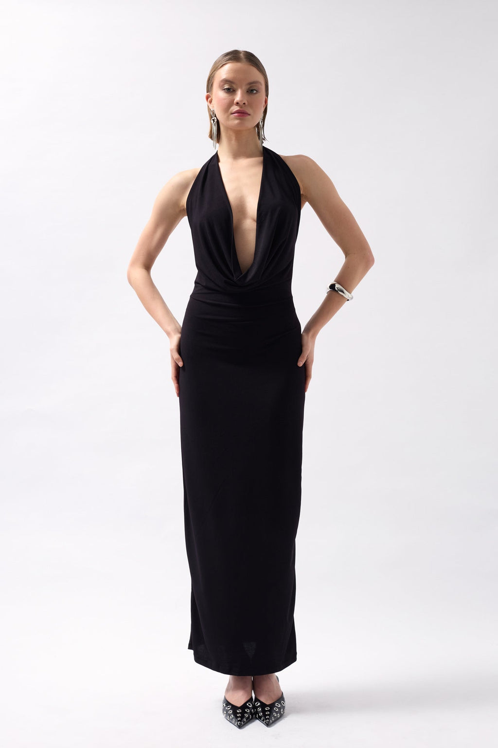 Shawl Collar Low-Cut Maxi Black Dress
