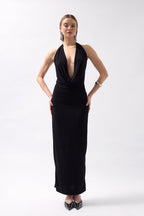 Shawl Collar Low-Cut Maxi Black Dress