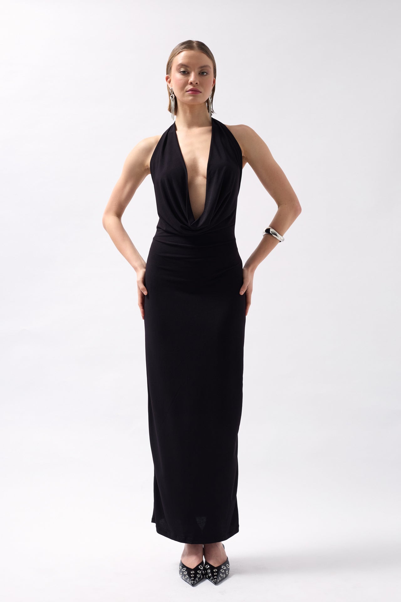 Shawl Collar Low-Cut Maxi Black Dress