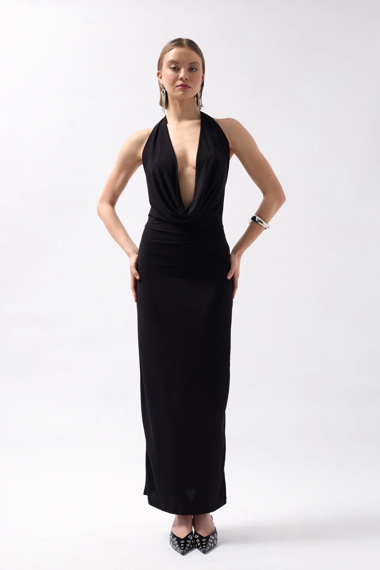 Shawl Collar Low-Cut Black Dress