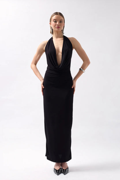 Shawl Collar Low-Cut Black Dress