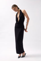 Shawl Collar Low-Cut Maxi Black Dress