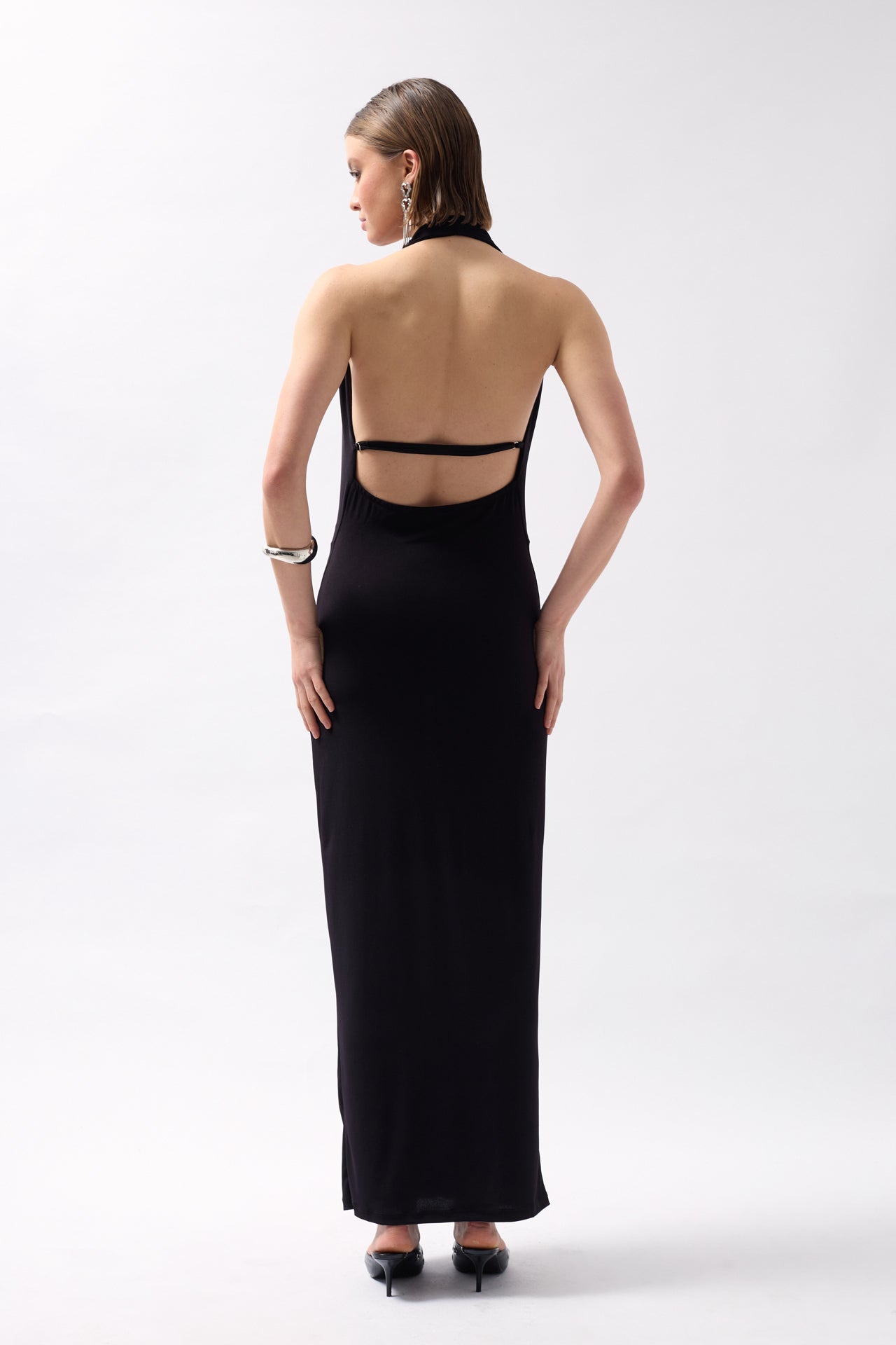 Shawl Collar Low-Cut Maxi Black Dress