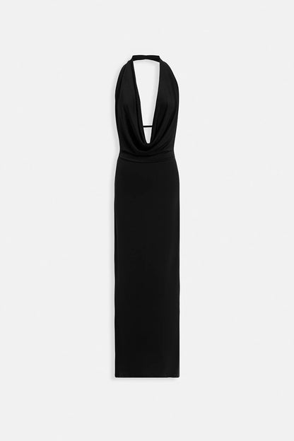 Shawl Collar Low-Cut Black Dress