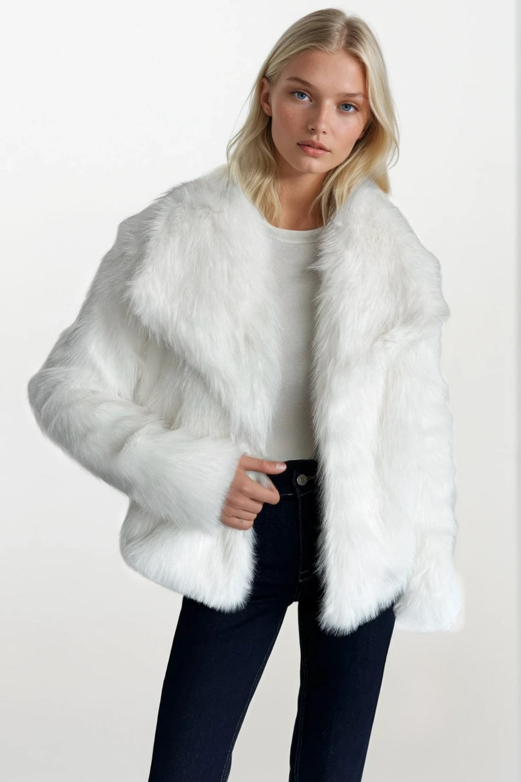 Shawl Collar White Plush Fur Coat