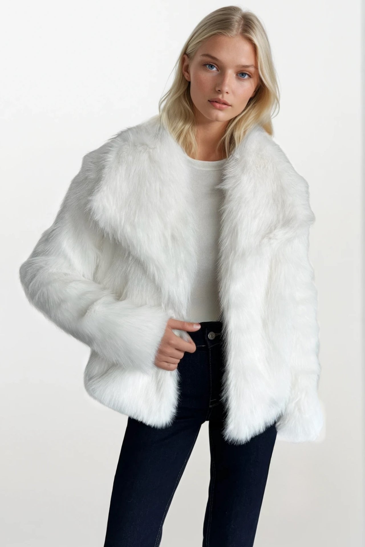 Shawl Collar White Plush Fur Coat