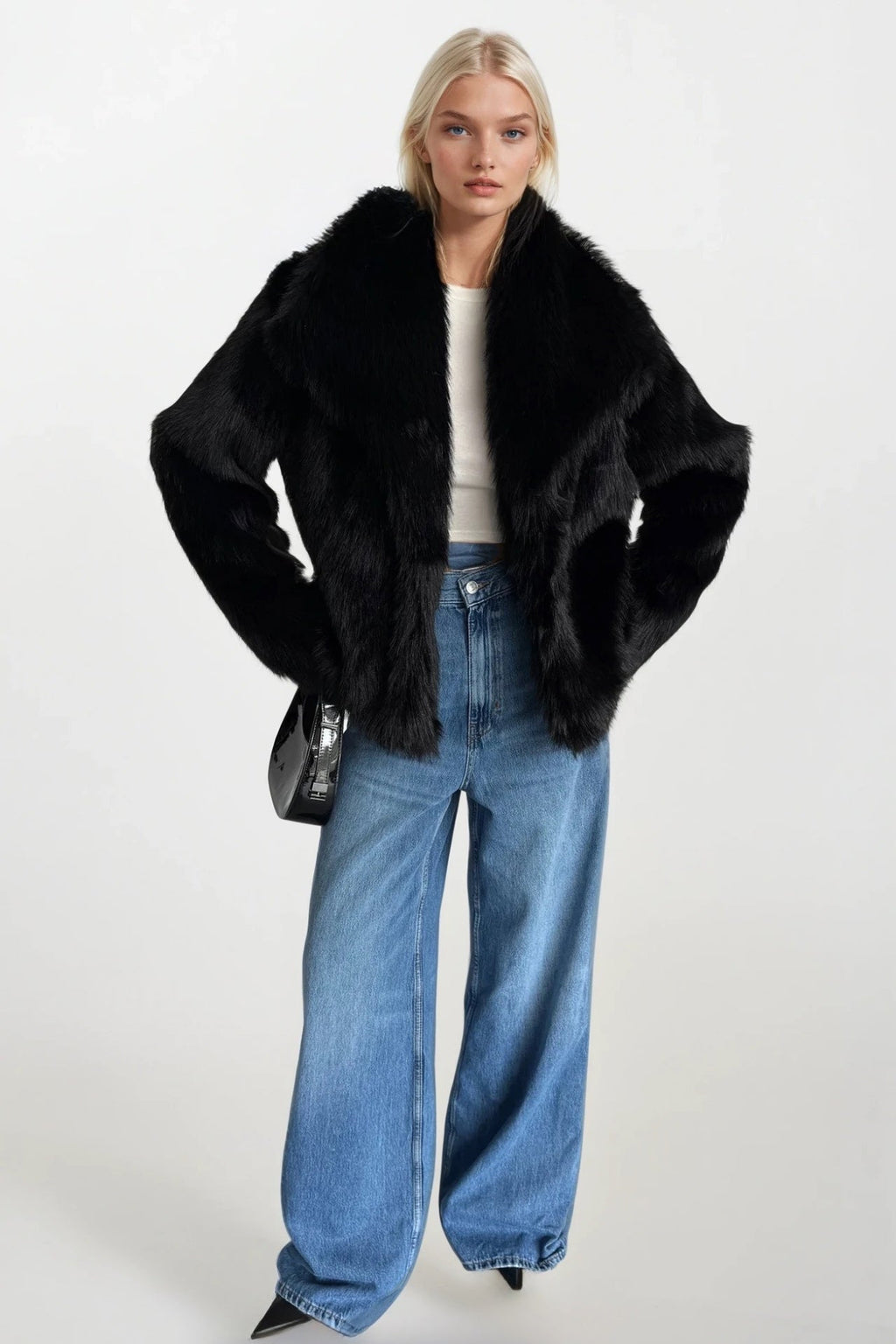 Shawl Collar Plush Black Fur Coat