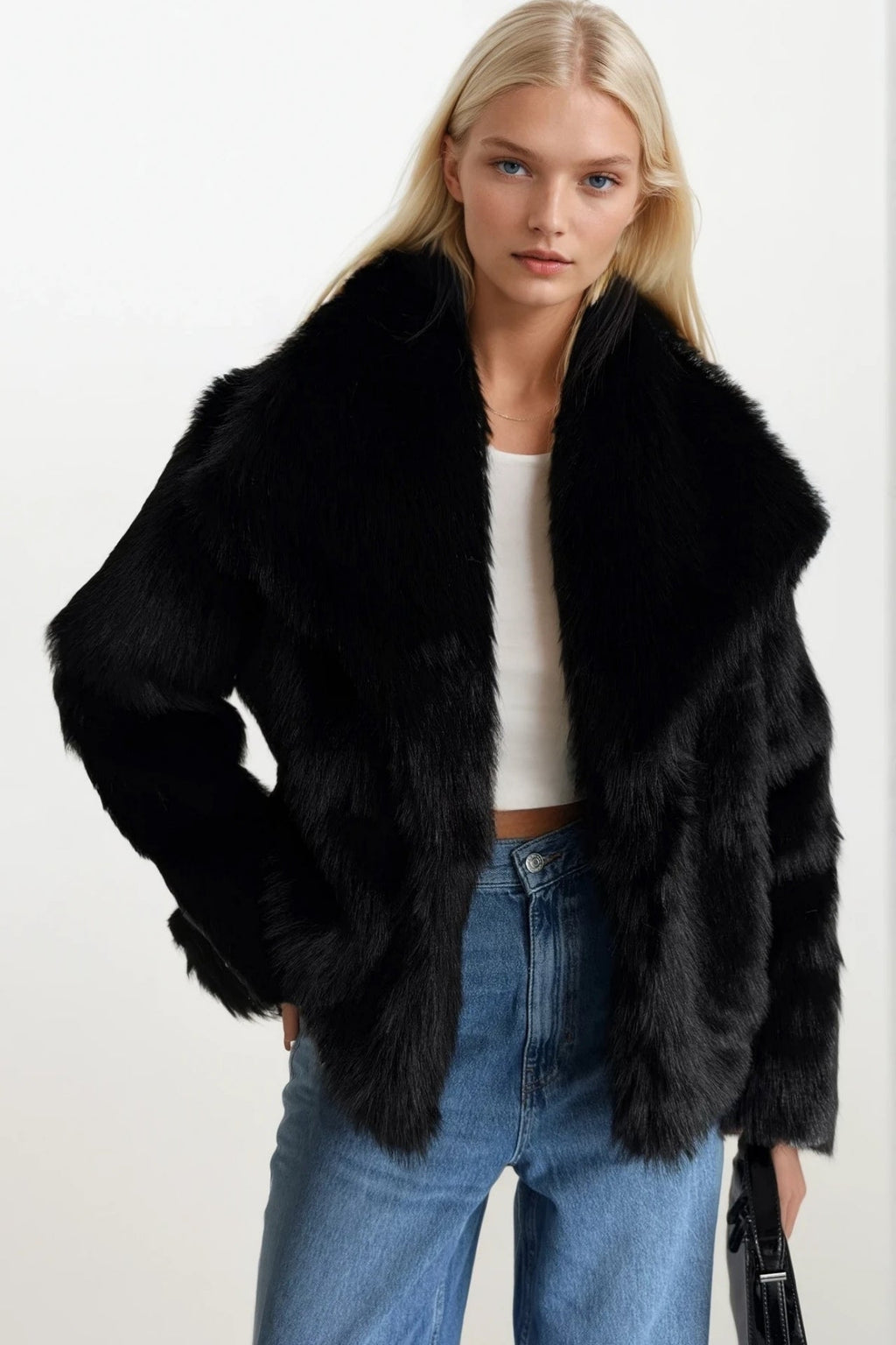 Shawl Collar Plush Black Fur Coat