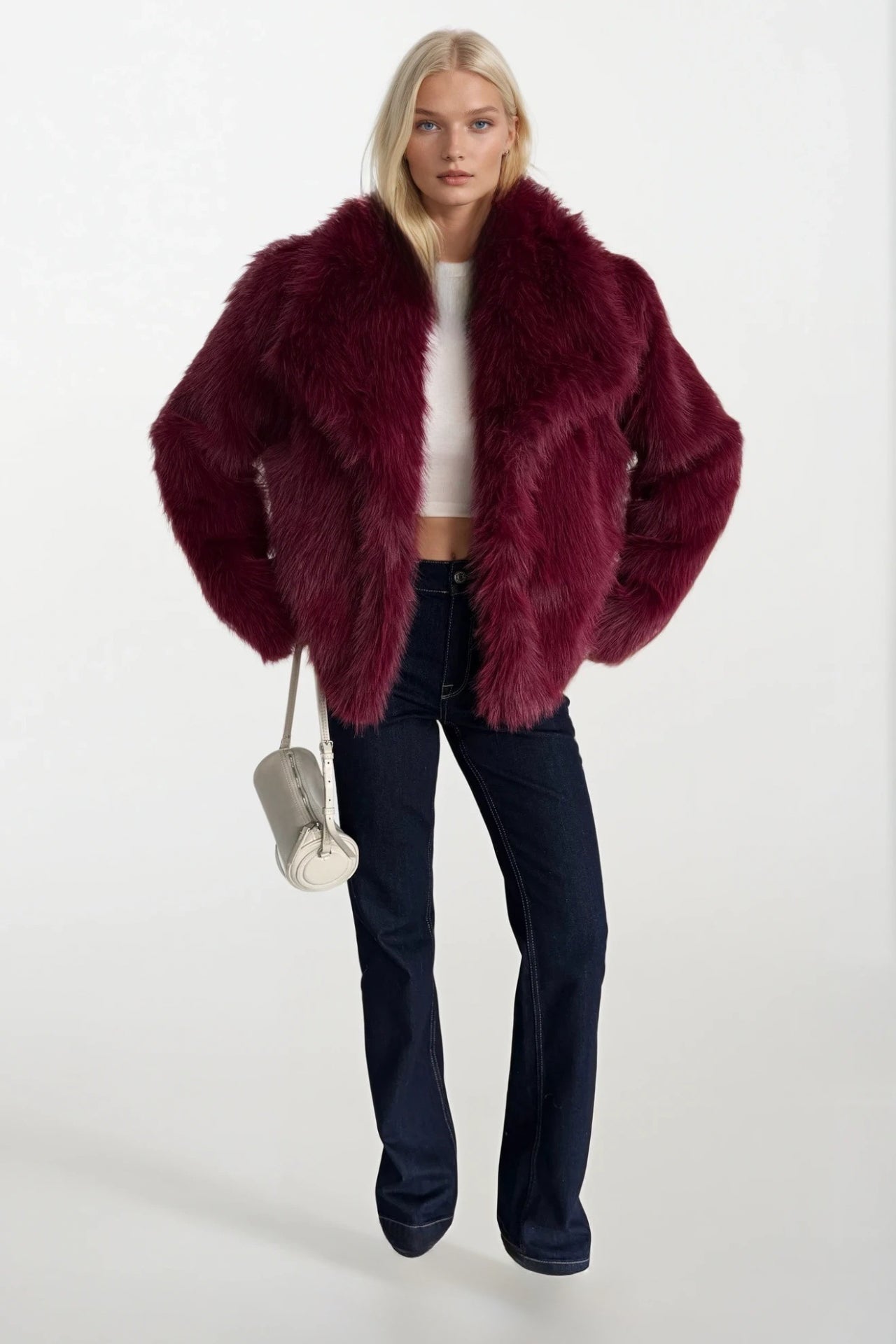 Shawl Collar Plush Burgundy Fur Coat