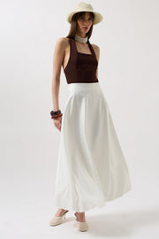 Satin Balloon Detail Midi White Skirt