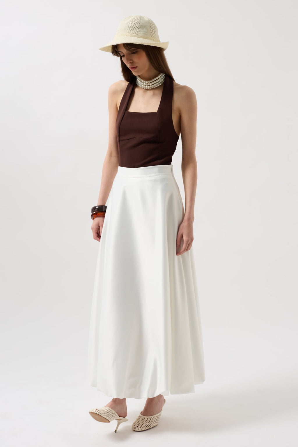 Satin Balloon Detail Midi White Skirt
