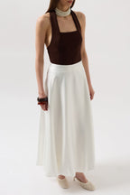 Satin Balloon Detail Midi White Skirt